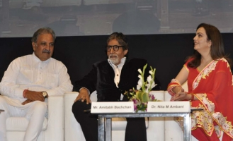 His Highness Maharaja Gaj Singh ji of Jodhpur, Amitabh Bachchan with Nita Ambani at the launch of an awareness programme, on 'Head Injury', in Mumbai.