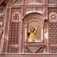 Rajkumari Gayatri Kumari watching Raj Gangaur at Mehrangarh Fort (Jodhpur)