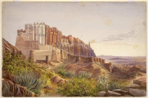 Water-colour drawing by G.F. Lamb of the west view of the Mehrangarh Fort in Jodhpur Rajasthan, dated c.1890