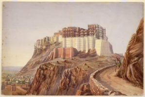 Water-colour drawing by G.F. Lamb of the west view of the Mehrangarh Fort in Jodhpur Rajasthan, dated c.1890