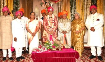 H.H. Digvijaya Singh of Raghogarh, Raja Sahab of Ramnagar ,Yuvraj Vivasvat Pal with H.H. Maharaja Krishna Chandra Pal of Karauli seen with Mrs. Bina Kak