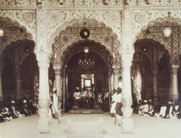 H.H.Maharaja Bhanwar Pal Deo Bahadur of Karauli state seated in the Darbar hall