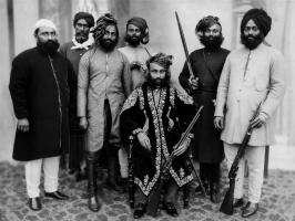 H.H. Yadukul Chandrabhal Maharaja Sir Bhanwarpal Ji Deo Bahadur of Karauli with his Companions, in which on the extreme right is Kunwar Dhyan Pal Singh Ji of Jatau-Kotla