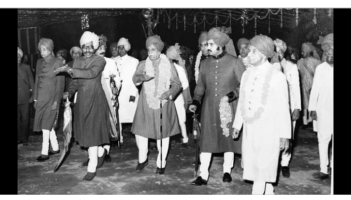 Hh Maharajah Ganesh Pal Deo Bahadur of Karauli with Maharajah Gaj Singh of Jodhpur on the occasion of wedding ceremony of Krishna Chandra Pal Of Karauli