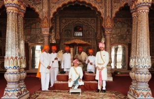 His Highness Maharajadhiraja Maharaja Krishna Chandrapal Deo Bahadur Yadukul Chandra Bhal of Karauli State and his son Yuvraj MaharajKumar Kunwar Vivasvat Pal Deo Bahadur at Karauli City Palace