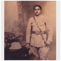 Shrimant Maharaj Saheb Ishwar Singh Ji of Kheriya (then Kunwar Ishwar Singh Ji of Tambesra). Posing in his hunting attire before going out on a "Shikaar"