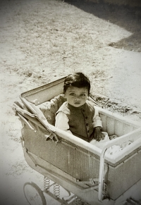 Maharaj Kumar Ambarish Singh Ji Deo at the age of 2 years in his personal vintage car specially made in England at Ramanuj Vilas Palace Korea