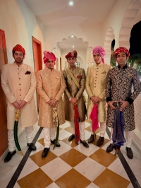 Yuvraj Jaidev Singh of Kotah with Yuvraj Vivasvat Pal Deo of Karauli, Yuvraj Manvendra Pratap Singh of Alwar, Yuvraj Vrishankaditya Parmar of Santrampur and Tikka Pratyakshsinh Parmar of Muli