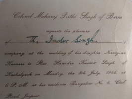 Wedding invitation from Maharaja of Baria to Th. Inder Singh Ji (Kushalgarh)