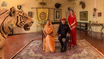 Maharana Shri Siddhraj Sinhji with his wife Maharani Nina Kumari and their daughter Rajkumari Mrinalini Kumari at their residence in the Raj Mahal, Lunawada state