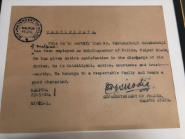 Certificate for Takhatsinhji Gulabsinhji