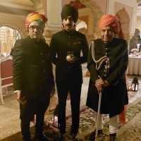 H.H. Maharajadhiraja Sawai Shri Padmanabh Singhji of Jaipur with Thakur Shri Bhawani Singhji Shekhawat of Malsisar and Kunwar Shri Vibhuti Singhji Shekhawat of Malsisar (Malsisar)