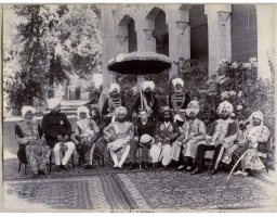 Raja Bijay Sen of Mandi alongwith Rajas of Punjab and Lieutenant governer of Punjab Denis Fitzpatrickf Punjab with Denis Fitzpatrick Lieutenant Governar of Punjab (1892-97) (Mandi)