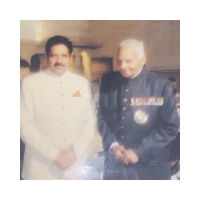 Raj Shri Thakur Sahab Upendra Singh ji Shekhawat with late His Highness Maharaja Bhawani Singh ji of Jaipur at City Palace Jaipur