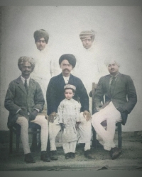 Center- Darbar shree Mahobatsinhji Madhavsinhji Gohil of Motishri. Left side first one (seated)- K. S. Fatehsinhji  Mahobatsinji Gohil. Right side (seated) - K. S. Ratnasinhji Mahobatsinhji  Gohil
