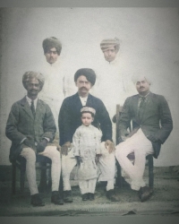 Center- Darbar shree Mahobatsinhji Madhavsinhji Gohil of Motishri. Left side first one (seated)- K. S. Fatehsinhji  Mahobatsinji Gohil. Right side (seated) - K. S. Ratnasinhji Mahobatsinhji  Gohil