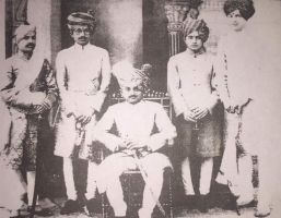 Left to Right - Shri Ram Sarup Raj Vaidya, Shri Ganga Singh A.D.C. Gudhuwa, H.H. Raja Mahendra Singh Judeo Bahadur of Nagod, Sri Raghunath Prasad Dubey, Shri Dev Narayan Singh (Nagod)
