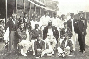 His Highness Maharaja Ranjitsingji Vibhaji Jadeja of Nawanagar being Member of England cricket Team series with Australia in 1899. He is sitting second from left in Middle Row (Nawanagar)