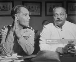 His Highness Maharaja Shri Digvijay Sinhji Maharaja Jam Sahib of Nawanagar with Hajji Nawab Hafiz Sir Hamidullah Khan Nawab of Bhopal in the Chamber of Princes during meeting on India's Independence (Nawanagar)