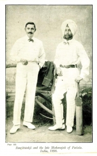 Lt. Col. His Highness Maharaja Jam Shri Sir Ranjit Sinh ji, 19th Maharaja Jam Sahib of Nawanagar with His Highness Maharaja Sir Rajinder Singh ji Maharaja of Patiala in 1898. (Nawanagar)