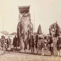 Princely scene of the royal ride of the 24th His Highness Maharaja Sir Pratap Singhji of Orchha, the princely state of Bundelkhand, around 1877 AD