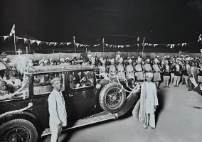 Kumar Shri Sardarsinhji Chandrasinhji Parmar (left inside the car) with group of Sowar at his wedding in January 1940