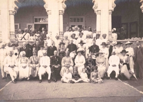HH Thakore Sahib Shri Sir Bahadur Sinhji Man Sinhji along with Agent to the Governor and distinguished guests (Palitana)