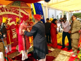 Shriji Arvind Singh Mewar blessing Bhanwar Sahib Tikka Jaidep Singh ji Jadeja of Rajkot