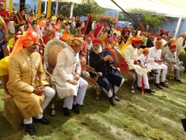 Yuvraj Sahib Mandhata Sinhji Jadeja of Rajkot, H.H. The Thakore Sahib Manoharsinhji Jadeja of Rajkot with Shriji Arvind Singh Mewar at Tilak Dastur Ceremony (Rajkot)