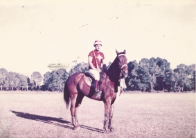 Maharajkumar Indrajeet Singhji astride his horse Royal at the Indian Military Academy polo ground, Dehra Dun in 1963 (Rajpipla)
