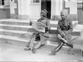 The Indian Army on The Western Front, 1914-1918, Lt Gen HH Shri Sir Pratap Singh Sahib ff Idar (reading) sitting with HH Shrimant Sir Sajjan Singh Sahib of Ratlam - June 17 1916 (Ratlam)