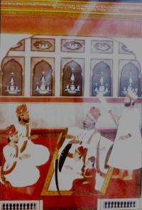 Miniature Painting of Maharaj Khadag Singh Ji. His two sons Rakjumar Mukan Singh Ji and Rajkumar Takhat Singh Ji. Seated next to him are his elder grandsons Jaswant Singh Ji and Jawani Singh Ji