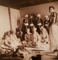 H.H. Raja Sir Dilip Singhji with his sons Yuvaraj Digvijay Singhji (on his right) and Rajkumar Lakshman Singhji (on his left) (Sailana)