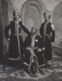 Raja Nahar Singh Ji of Shahpura with his sons Umaid Singh standing to his right and Sardar Singh standing to his left (Shahpura)