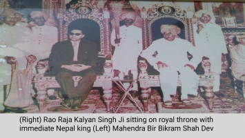 Rao Raja Kalyan Singh Ji sitting on royal throne at Madho Niwas Kothi with Nepal King Mahendra Bir Bikram Shah Dev who visited Sikar after the demise of Rajkumar Hardayal Ji (Sikar)