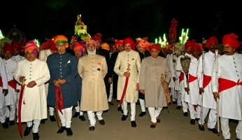 HH Raj Rajeshwar Maharajadhiraj Maharao Sri Raghubir Singh Ji Sahib Bahadur of Sirohi with Maharaj Arvind Singh Sahib of Mewar at a royal wedding (Sirohi)