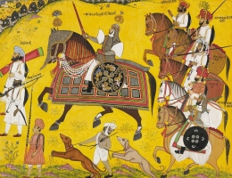 Prince Bhawani Singh of Sitamau (r. 1867-1885) with his escort out hunting during the reign of his grandfather Maharaja Raj Singh (r. 1802-1867)