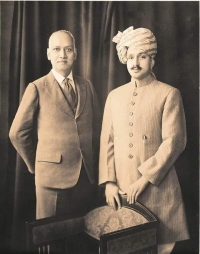 Sir Jadunath Sarkar with Rajkumar Dr. Raghubir Sinh Rathore son of His Highness Raja Sir RAM SINH II Bahadur, Raja of Sitamau in a photo from December 1937