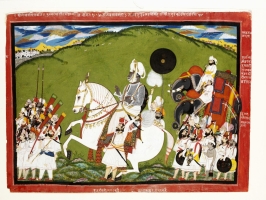 Portrait of Raj Singh of Sitamau. He is surrounded by numerous attendants and courtiers. The Raja is dressed in mainly white costume and white turban with gold edgings