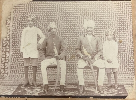 Thakur Bakhtawar Singh Ji is sitting towards right with their son Kuwar Bahadur Singh Ji and Thakur Pratap Singh Ji are sitting on the left with Thakur Megh Singh Ji (Sohangarh)