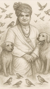 Sketch of Maharaj Man Singh Ji with his beloved pets