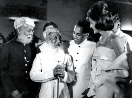 Maharana Bhagwat Singh Ji introducing Rawat Mohan Singh Ji with Jacquline Kennedy