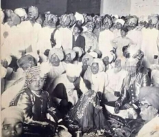 Old collection of Thikana Tikuri: Maharaja Mahendra Singh and his sardars of Nagod welcoming baraat