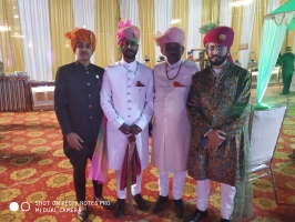 Raj Kunwar Shrimant Arunoday Singh Judeo, Prithu Dev Singh Judeo of Nagod State, Kunwar Dhananja Singh Bawal from Bawal jagir Udaypur state standing with Lal Mahendra Pratap Singh of Thikana Tikuri (Tikuri)