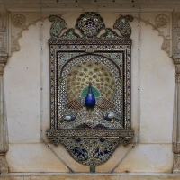 Central Peacock figure at Mor Chowk, City Palace, Udaipur in colourful mosaic