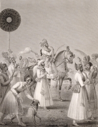 Engraving of Maharana Bhim Singh of Udaipur on horseback, by Edward Francis Finden (1791-1857) and Patrick Young Waugh (1788-1829)