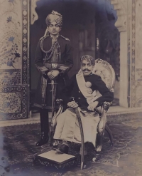 H.H Hindua Suraj Suryavanshi Hindupati Maharana Shri Bhupal Singh Ji Bahadur of Mewar with Prime Minister Of Mewar Rao Raja Shri Manohar Singh Ji Chauhan of Bedla Estate (Udaipur)