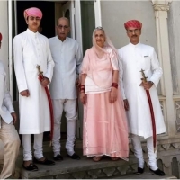 His Highness Maharana Shri Mahendra Singhji Her Highness Maharani Nirupama Kumari ji & Maharajkumar Vishvaraj Singh with his son Bhanwar Devajaditya Singh Mewar of Udaipur (Udaipur)