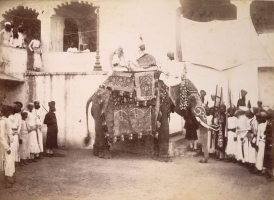 Maharana Fateh Singh Ji of Mewar seated on his State Elephant. Udaipur ca.1890 (Udaipur)