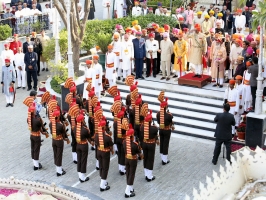 The Mewar Nij Sen Guard presenting guard of Honour to His Highness Maharaja Sahib Shriman Kanak Vardhan Singh Deo Ji of Patna Bolangir (4th Dec 2013)